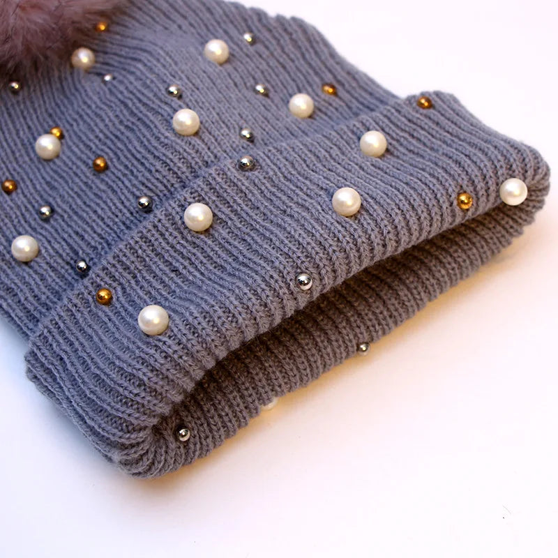 Women Winter Fashion Hat Pompom Balls Cap Pearls Rhinestones Knitted Wool Beanie Casual Outdoor Warm Female Skullies Hats