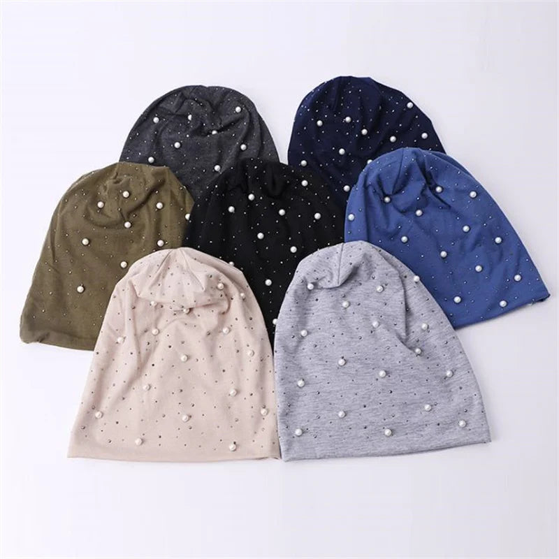 Women Pearl Rhinestones Beanie Hat Headgear Solid Color Pearl Cap Autumn Winter Hats for Female Bonnet Fashion Outdoor Beanie