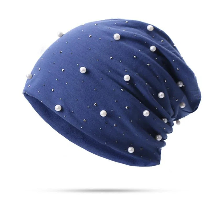 Women Pearl Rhinestones Beanie Hat Headgear Solid Color Pearl Cap Autumn Winter Hats for Female Bonnet Fashion Outdoor Beanie