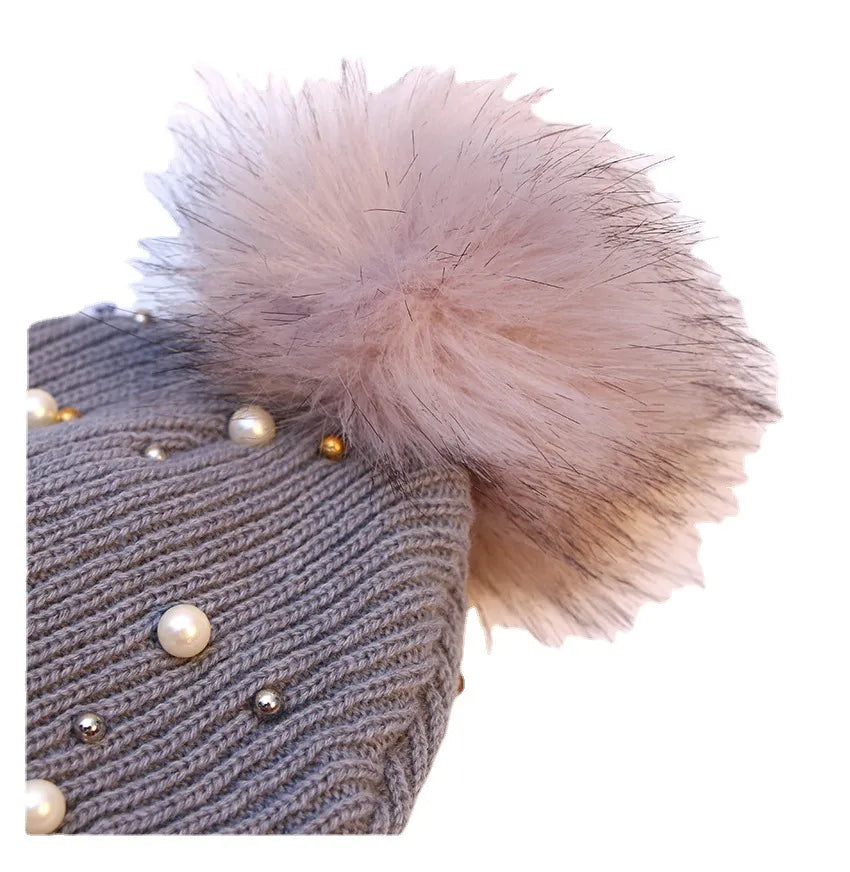 Women Winter Fashion Hat Pompom Balls Cap Pearls Rhinestones Knitted Wool Beanie Casual Outdoor Warm Female Skullies Hats