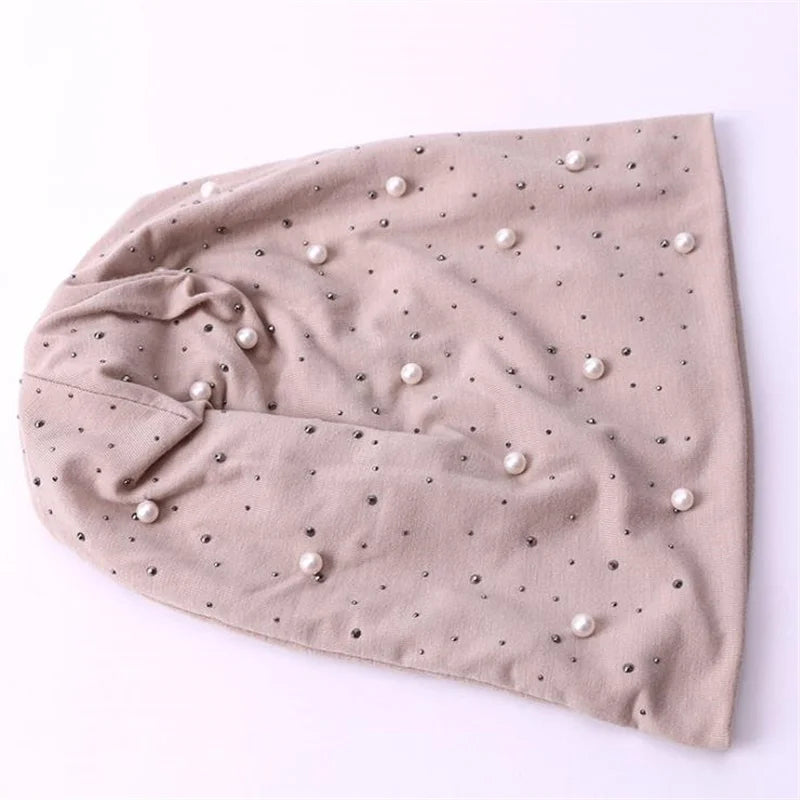 Women Pearl Rhinestones Beanie Hat Headgear Solid Color Pearl Cap Autumn Winter Hats for Female Bonnet Fashion Outdoor Beanie