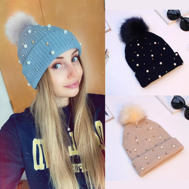 Women Winter Fashion Hat Pompom Balls Cap Pearls Rhinestones Knitted Wool Beanie Casual Outdoor Warm Female Skullies Hats