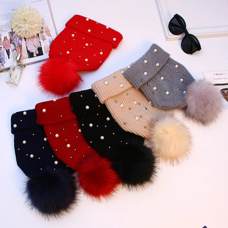 Women Winter Fashion Hat Pompom Balls Cap Pearls Rhinestones Knitted Wool Beanie Casual Outdoor Warm Female Skullies Hats