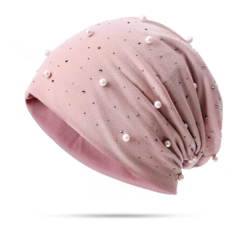 Women Pearl Rhinestones Beanie Hat Headgear Solid Color Pearl Cap Autumn Winter Hats for Female Bonnet Fashion Outdoor Beanie
