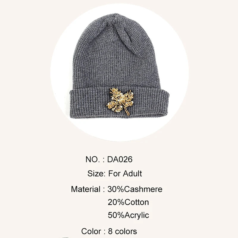 Solid Color Women Beanie Hat With Rhinestones Maple Leaves Accessories Autumn Winter Warm Hat Adult Beanies Outdoor Cap