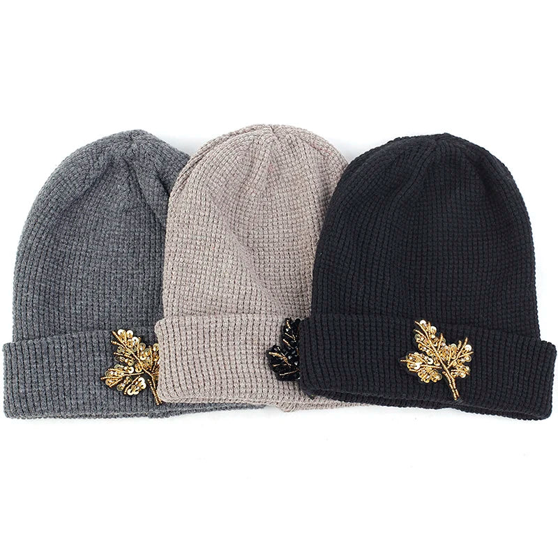 Solid Color Women Beanie Hat With Rhinestones Maple Leaves Accessories Autumn Winter Warm Hat Adult Beanies Outdoor Cap
