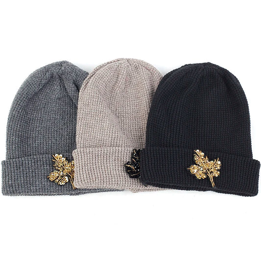 Solid Color Women Beanie Hat With Rhinestones Maple Leaves Accessories Autumn Winter Warm Hat Adult Beanies Outdoor Cap