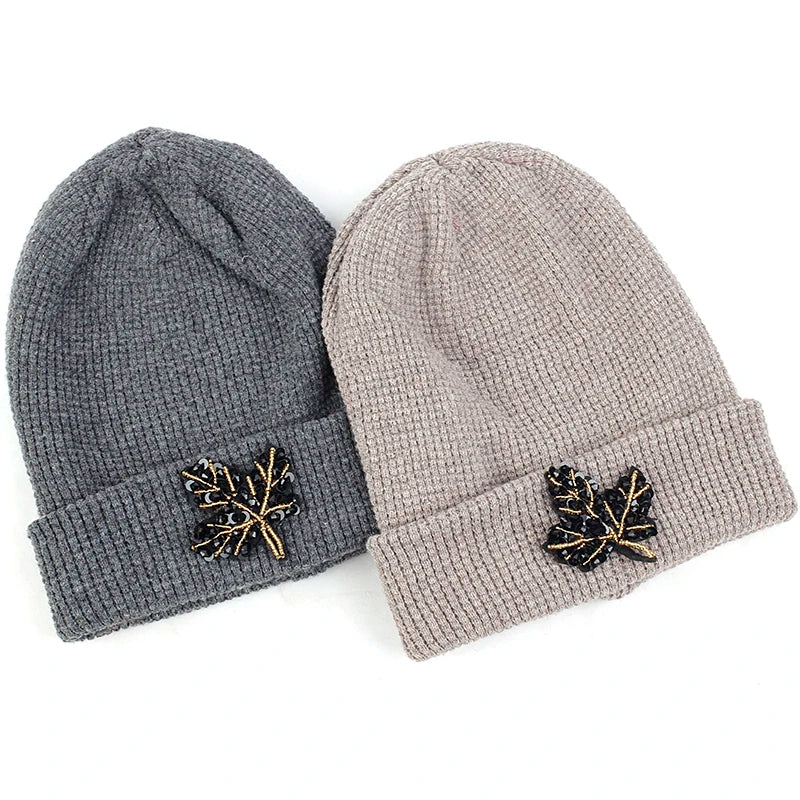 Solid Color Women Beanie Hat With Rhinestones Maple Leaves Accessories Autumn Winter Warm Hat Adult Beanies Outdoor Cap