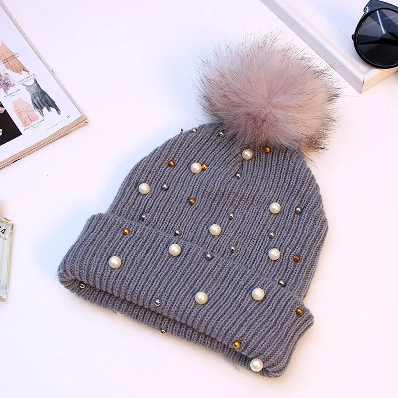 Women Winter Fashion Hat Pompom Balls Cap Pearls Rhinestones Knitted Wool Beanie Casual Outdoor Warm Female Skullies Hats