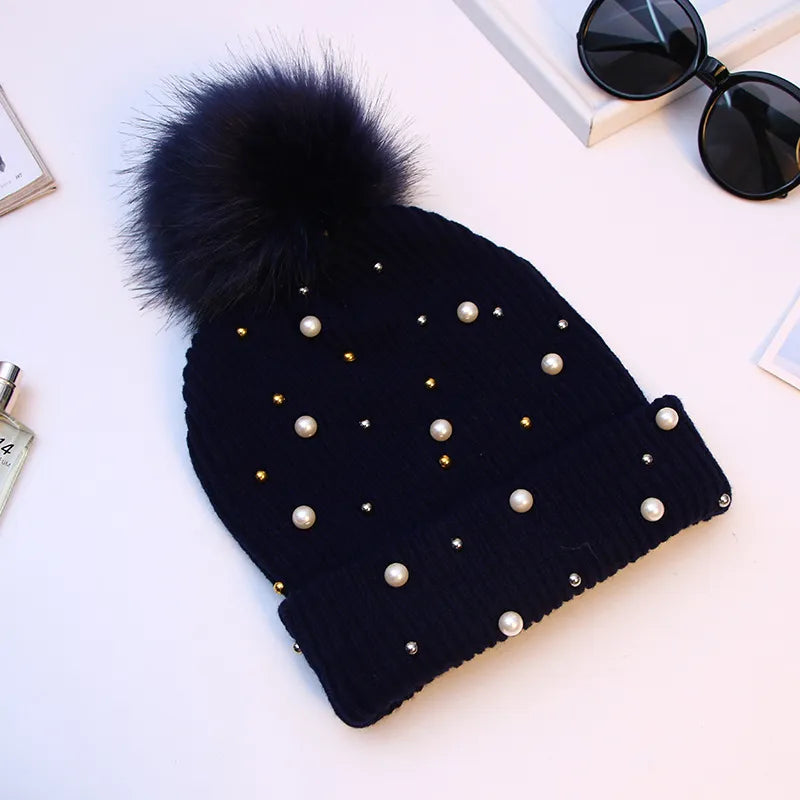 Women Winter Fashion Hat Pompom Balls Cap Pearls Rhinestones Knitted Wool Beanie Casual Outdoor Warm Female Skullies Hats
