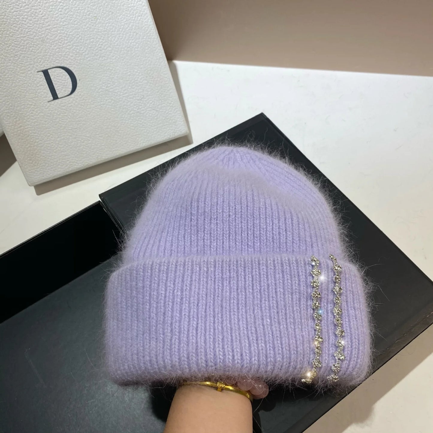 Luxury Rhinestones Fashion Women Winter Hats Real Rabbit Fur Wool Skullies Beanies Knitted Hat Lady Warm Walking Bonnet Cap