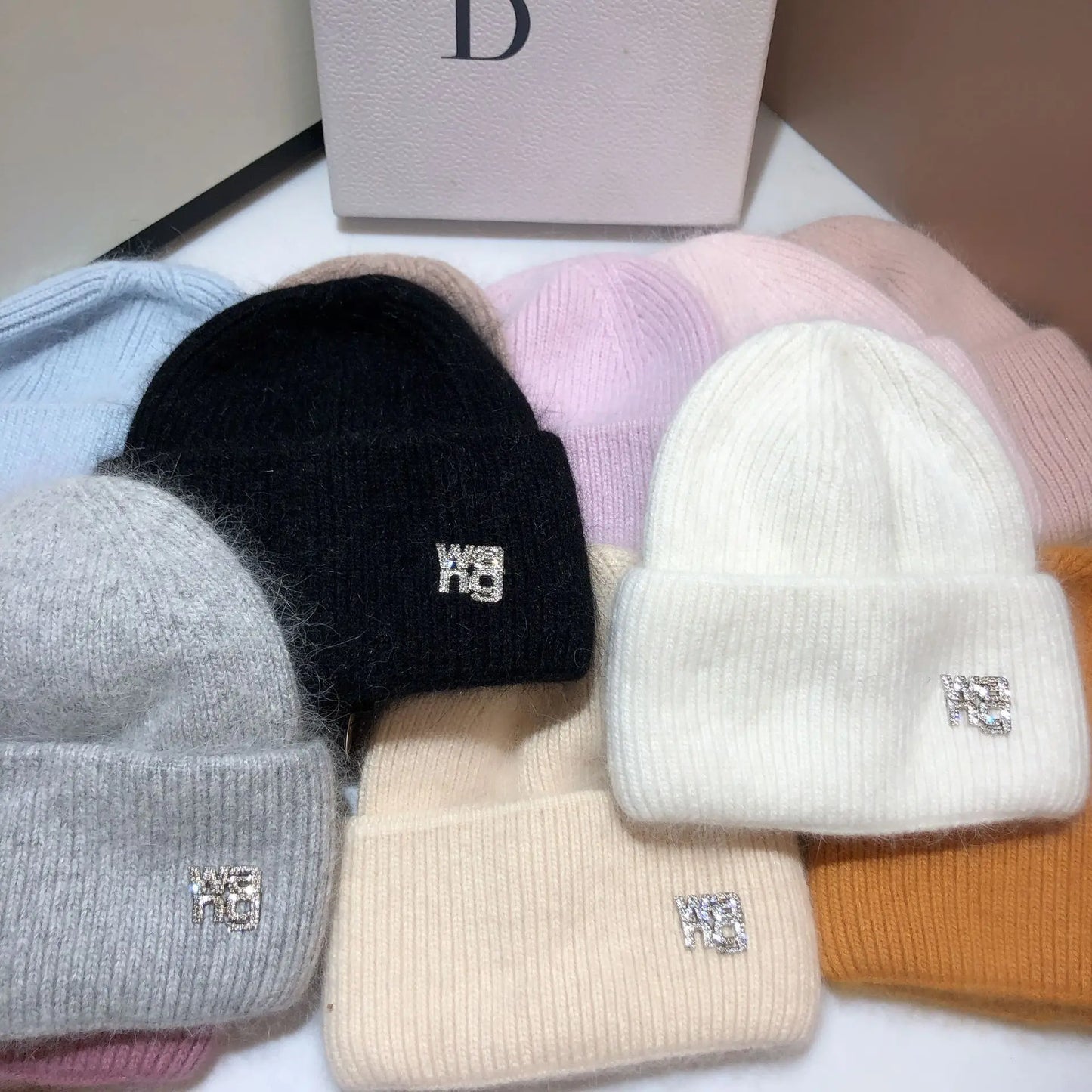 Real Rabbit Fur Beanies Winter Hat for Woman Luxury Rhinestones Letter Knit Bonnet Lady Autumn Winter Warm Skullies