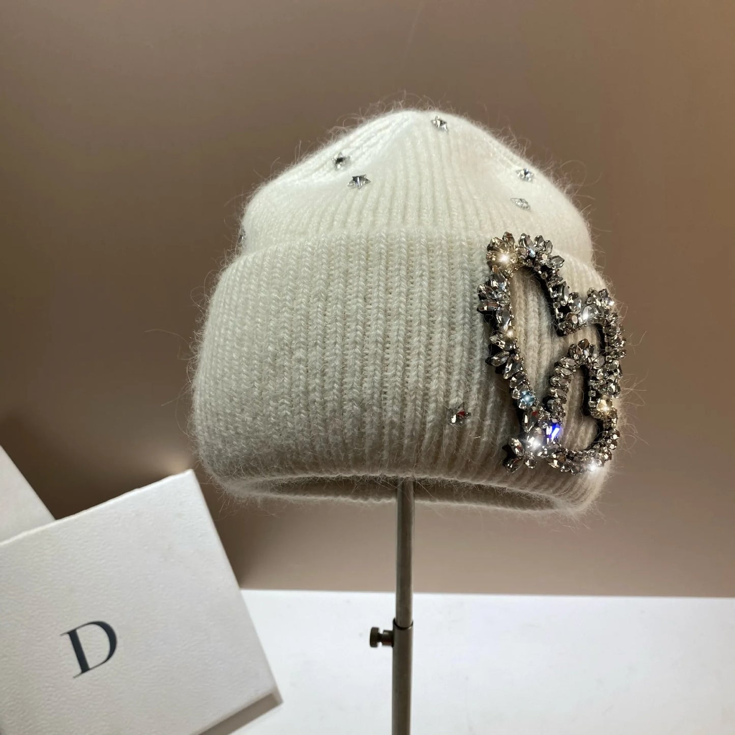 Real Rabbit Fur Winter Beanies for Women Warm Knitted Hats Luxury Rhinestones Knit Bonnet Ear Protection Wool Skullies Thick Cap