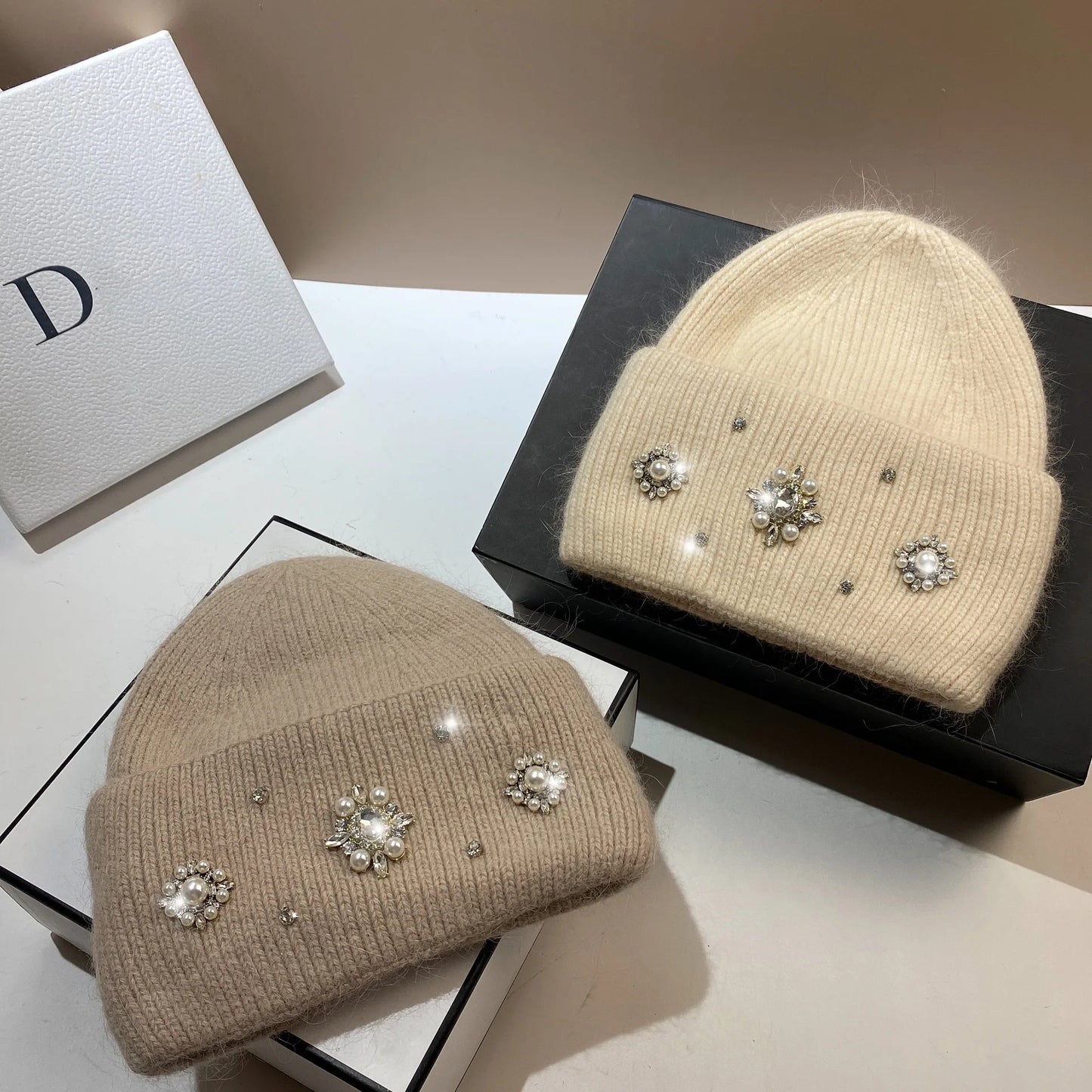 Women Luxury Rhinestones Knitted Hat Autumn Winter Rabbit Fur Beanie Cap Female Thicken Warm Skullies Caps