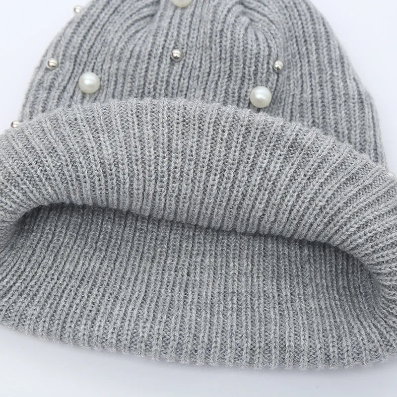 Winter Knitted Beanie Women  Ladies Casual Outdoor Warm Skullies Cap Rhinestone Pearls Knitting Hats Female Solid Color Casual