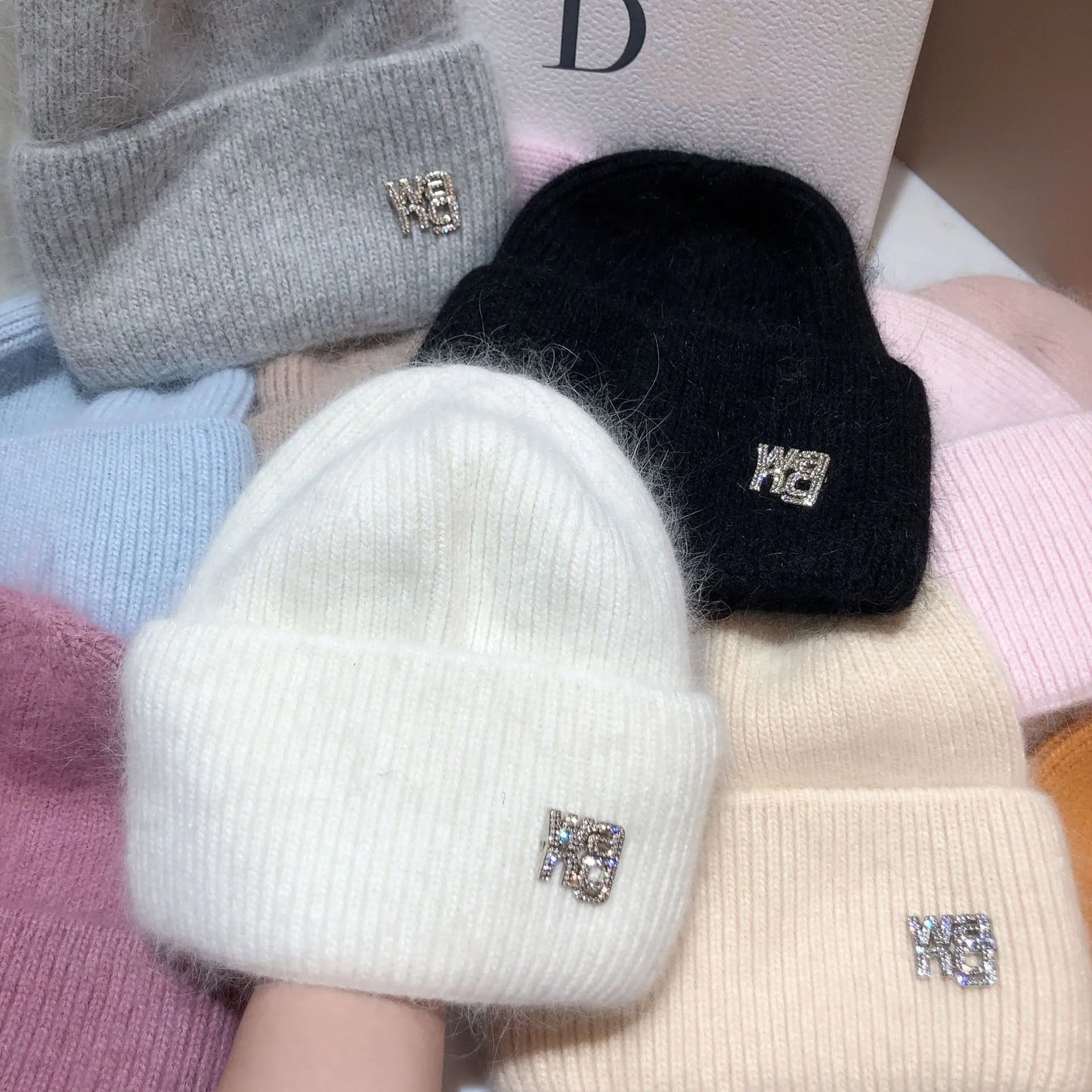 Real Rabbit Fur Beanies Winter Hat for Woman Luxury Rhinestones Letter Knit Bonnet Lady Autumn Winter Warm Skullies