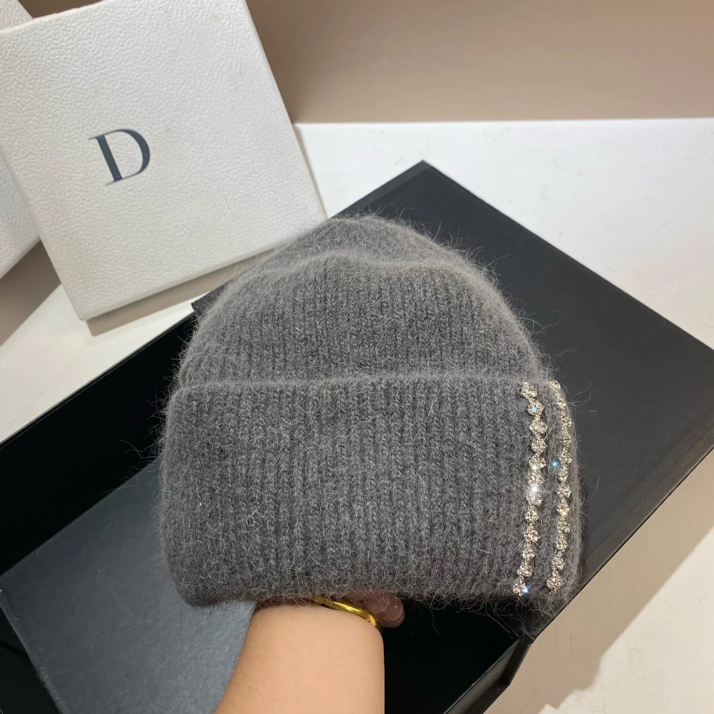 Luxury Rhinestones Fashion Women Winter Hats Real Rabbit Fur Wool Skullies Beanies Knitted Hat Lady Warm Walking Bonnet Cap