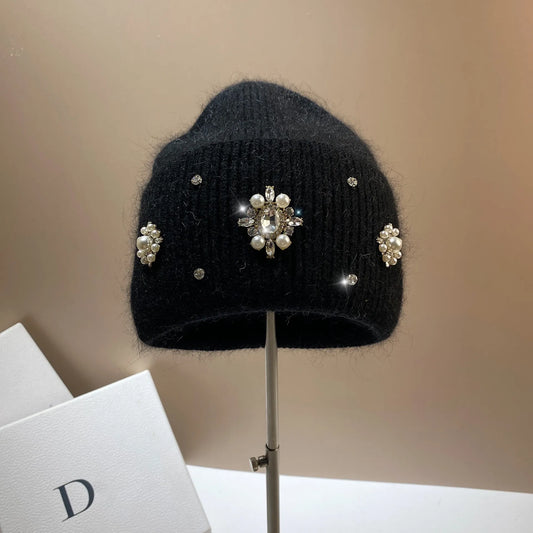 Women Luxury Rhinestones Knitted Hat Autumn Winter Rabbit Fur Beanie Cap Female Thicken Warm Skullies Caps