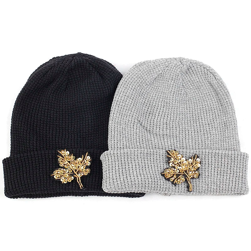 Solid Color Women Beanie Hat With Rhinestones Maple Leaves Accessories Autumn Winter Warm Hat Adult Beanies Outdoor Cap