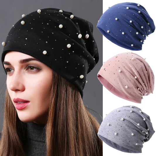 Women Pearl Rhinestones Beanie Hat Headgear Solid Color Pearl Cap Autumn Winter Hats for Female Bonnet Fashion Outdoor Beanie