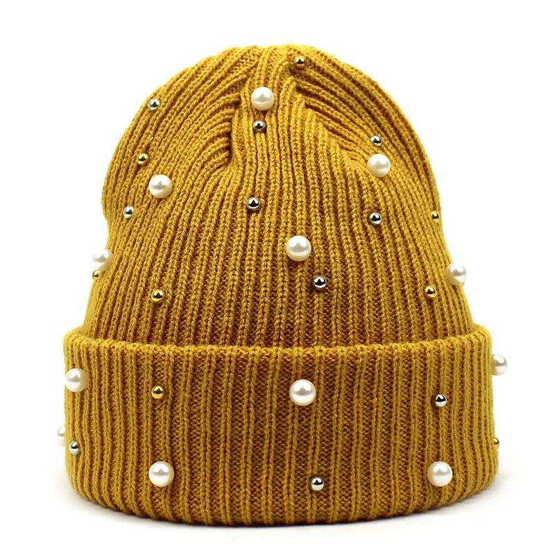 Winter Knitted Beanie Women  Ladies Casual Outdoor Warm Skullies Cap Rhinestone Pearls Knitting Hats Female Solid Color Casual