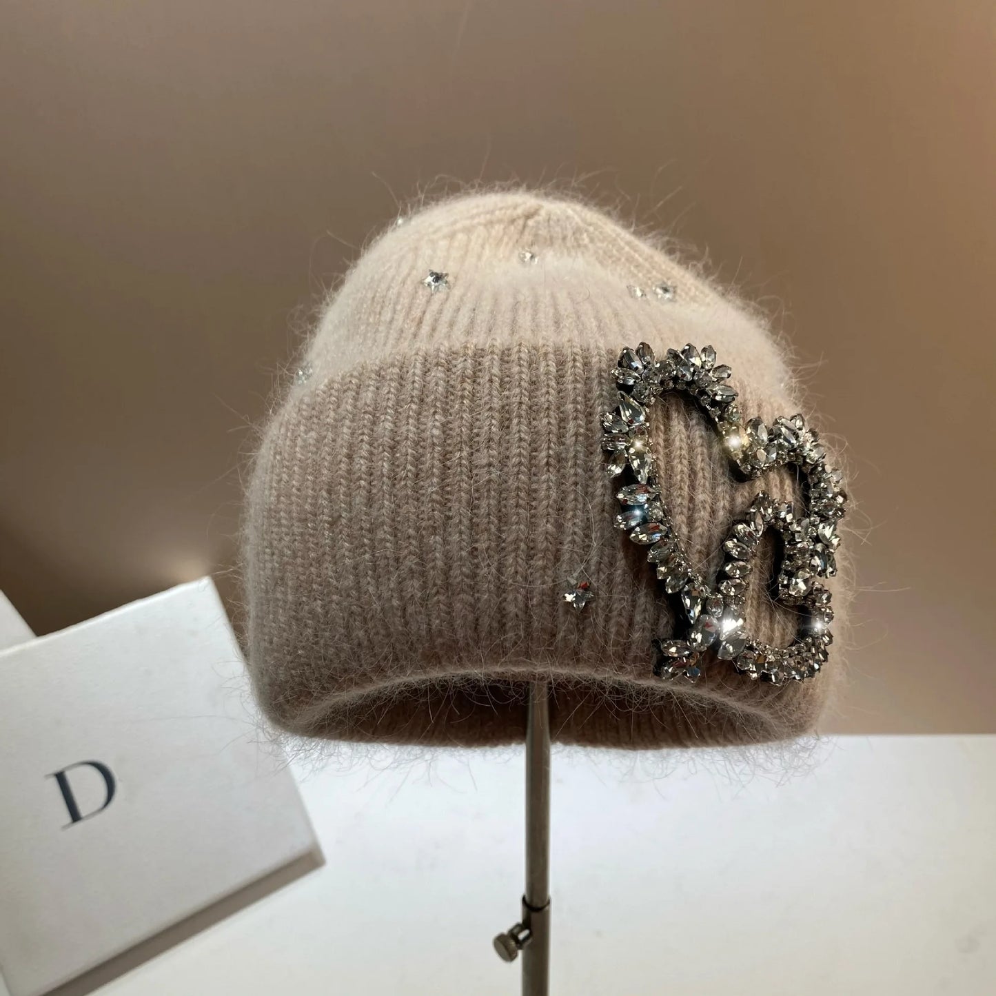 Real Rabbit Fur Winter Beanies for Women Warm Knitted Hats Luxury Rhinestones Knit Bonnet Ear Protection Wool Skullies Thick Cap